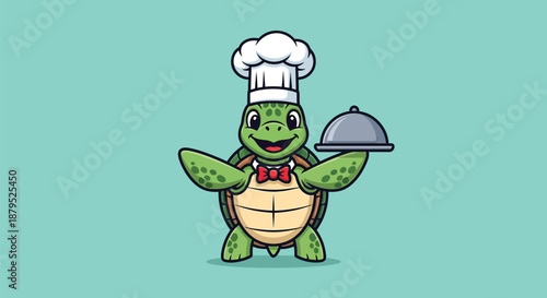A cartoon turtle wearing a chef's hat and red bow tie holds a silver serving dish against a teal background with a cheerful expression.