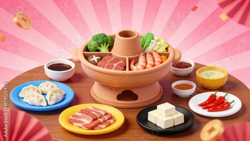 3D Rendered Illustration of a Traditional Chinese Hot Pot Feast with Various Ingredients, Set Against a Pink Sunburst Background, Symbolizing Warm Gatherings and Festive Dining
