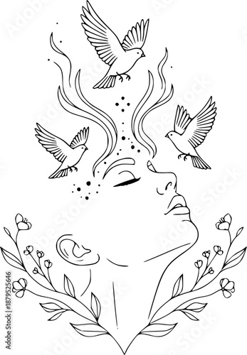 Mystical Spiritual Woman Face Line Art Vector Illustration