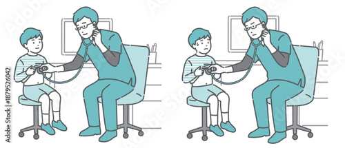 スクラブを着た男性医師による男の子の聴診イラストセット（正常・異常/体調不良）