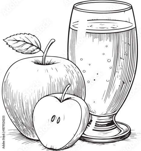 Glass of Apple Cider Hand-drawn Sketch Drawing Vector Illustration, Line Linear Symbol Engraving Coloring Book, Black and White Isolated