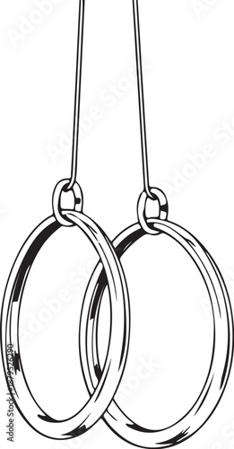 Gymnastic rings sport equipment Hand-drawn Sketch Drawing Vector Illustration, Line Linear Symbol Engraving Coloring Book, Black and White Isolated