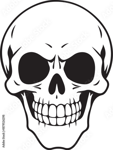 Grinning Smiling Human Skull with Smirk Hand-drawn Sketch Drawing Vector Illustration, Line Linear Symbol Engraving Coloring Book, Black and White Isolated