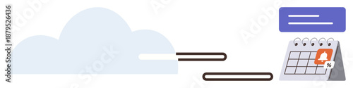 Task management, scheduling, productivity tools, digital organization, cloud storage, remote planning. Symbolic cloud connected to calendar with notification icon. Task management and scheduling