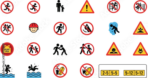 Safety warning signs for various hazards and age guidelines