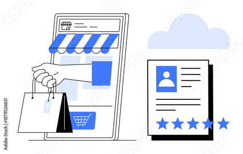 Mobile device with a storefront and shopping bag, alongside a customer review profile with star ratings. Ideal for online shopping, e-commerce, digital business, customer reviews, product ratings