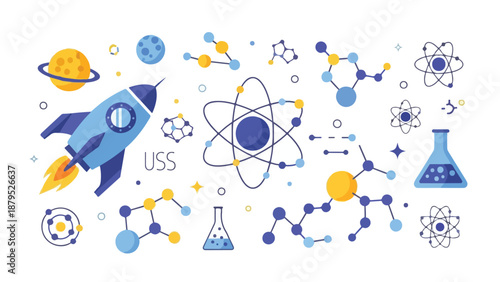 Science and technology elements collection featuring rocket and molecules isolated