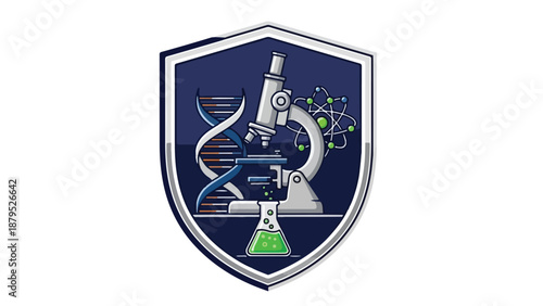 Science and research emblem with microscope and DNA