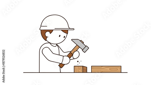 Carpenter hammering wood with protective helmet on