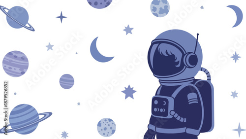cartoon astronaut in space with planets and stars
