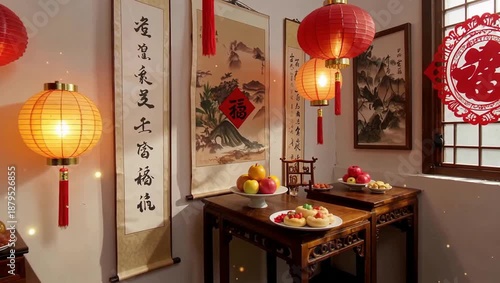 A gentle camera dolly shot glides through a traditional Chinese home, bathed in the warm, inviting glow of numerous red lanterns