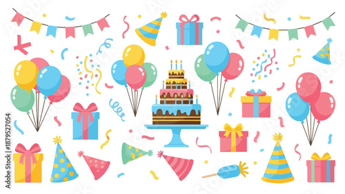 Colorful birthday party elements and decorations with cake