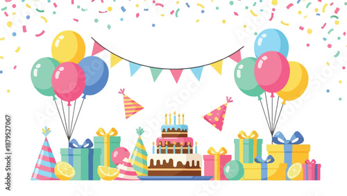 Colorful birthday party decoration with cake and gifts