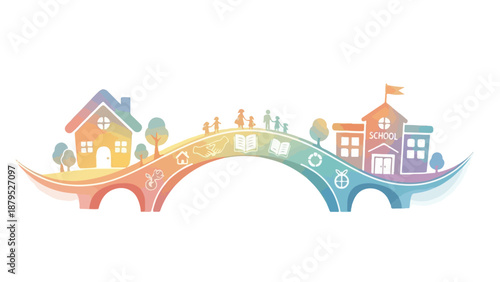Colorful bridge connecting home to school with family and education icons
