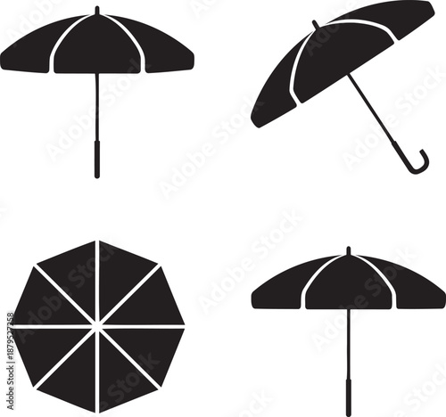 Beach Umbrella Icon Set – Black and White Vector Collection in Multiple Styles 