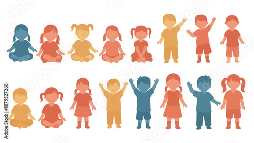 Colorful silhouettes of children in various yoga and playful poses