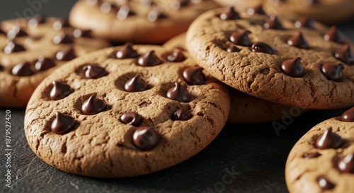A pile of delicious chocolate chip cookies, freshly baked and ready to be enjoyed