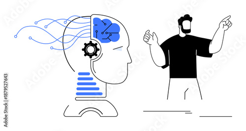 Man interacting with robotic head featuring neural network graphics, brain structure, and gear mechanism. Ideal for AI, machine learning, technology innovation, human-AI collaboration, education