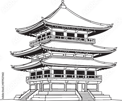 Pagoda Hand-drawn Sketch Drawing Vector Illustration, Line Linear Symbol Engraving Coloring Book, Black and White Isolated
