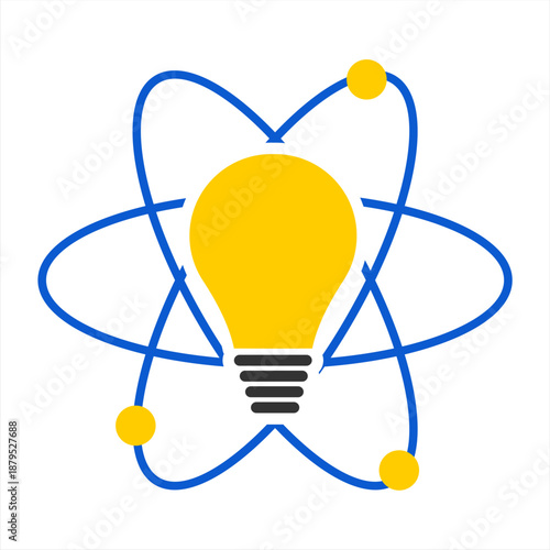 Atom molecule illustration with a light bulb inside representing intelligence, scientific innovation, research ideas, creativity, and discovery, flat art design style.
