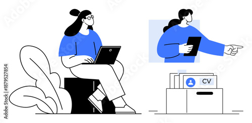 Recruitment process. Young professionals review resumes and engage in digital hiring practices. Recruitment focuses on human resources, talent acquisition, and online job applications. For HR, remote