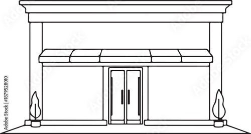 Retail Store Convenience Shop Building Hand-drawn Sketch Drawing Vector Illustration, Line Linear Symbol Engraving Coloring Book, Black and White Isolated