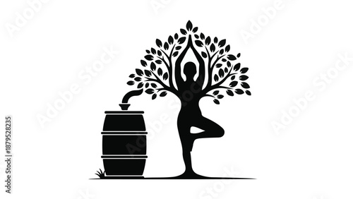 Silhouette of a person in a yoga pose with a tree growing from their head, connected to a barrel.