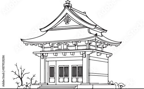 Shrine Hand-drawn Sketch Drawing Vector Illustration, Line Linear Symbol Engraving Coloring Book, Black and White Isolated