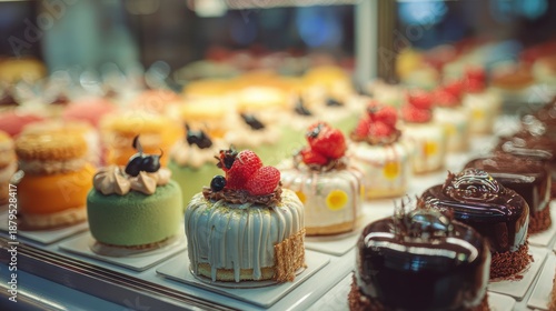 Assorted colorful mini cakes and pastries arranged in a display case with decorative toppings and