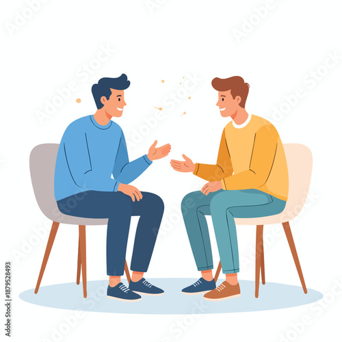 Two men engaging in conversation while seated on chairs facing each other in a relaxed setting