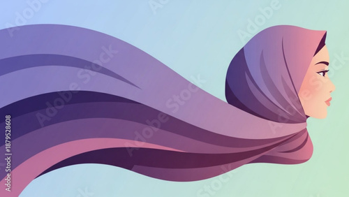 Woman wearing purple hijab with flowing fabric in the wind