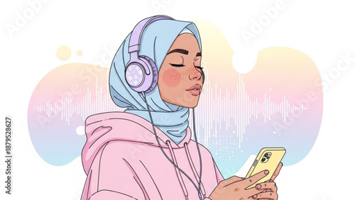 Woman in hijab listens to music on smartphone with headphones on