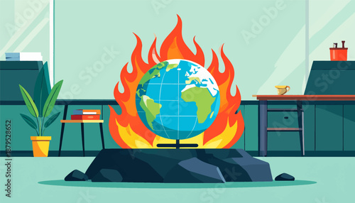 Planet Earth engulfed in flames atop rocks, symbolizing global crisis