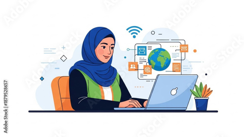 Woman in hijab working on laptop with global network icons
