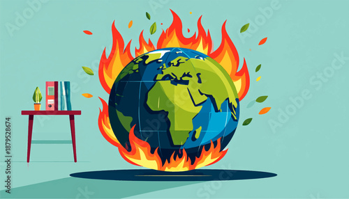 Planet Earth engulfed in flames, with books and a plant on a desk nearby