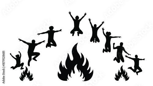 Joyful silhouettes of people jumping in celebration around a bonfire.