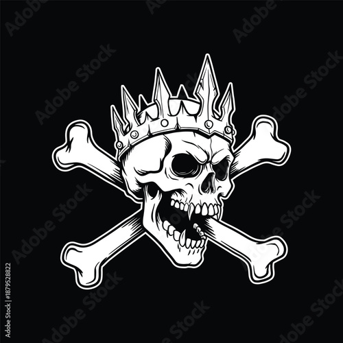 King Skull with Crown and Crossbones Illustration, Black and White Royal Skull Design
