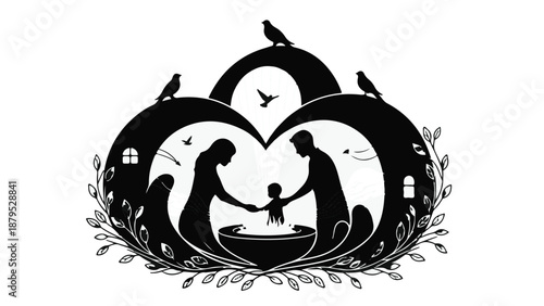 Loving family silhouette embraces child within a heart-shaped sanctuary adorned with nature elements.