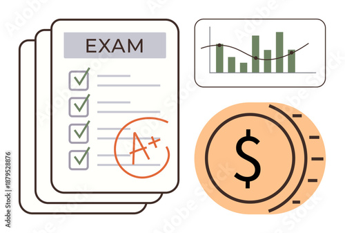 Education success, exam results, financial growth, business analysis, achievement measurement, career advancement. A grade sheet, bar graph and dollar symbol. Education success and financial growth