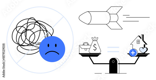 Decision-making concept. Decision uncertainty with symbols thumbs up a sad face, tangled lines, and balance scales. Decision prioritizes finances, life values. For lifestyle, finance, mental health