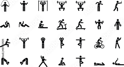 Fitness activity icon set, workout silhouette collection, exercise movement vector, black stick figure illustration, gym training graphic design