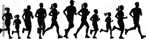Group running silhouette illustration, diverse runner icon set, fitness activity vector, family race graphic, black motion design, health concept art