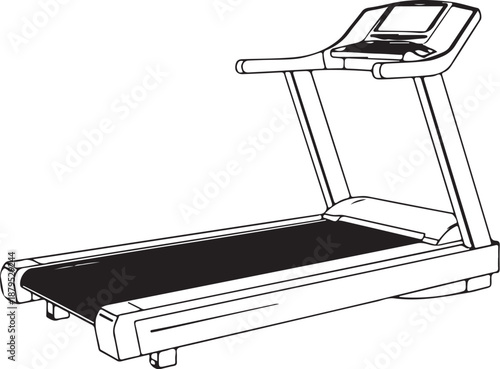Treadmill Aerobics Gym Equipment Hand-drawn Sketch Drawing Vector Illustration, Line Linear Symbol Engraving Coloring Book, Black and White Isolated