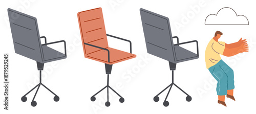 Corporate decisions, workplace dynamics, career growth, office productivity, teamwork, business concepts. Three office chairs in a row and a figure. Workplace dynamics and teamwork concepts