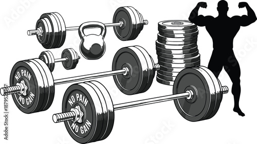 Gym equipment silhouette, bodybuilding gear vector, weightlifting icon set, fitness motivation art, kettlebell and barbell illustration, strength training design