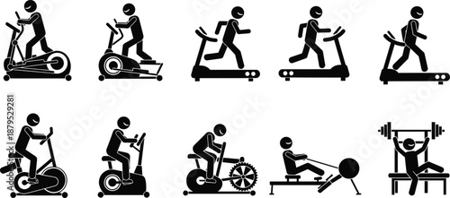 Gym equipment exercise silhouette icon set, treadmill bike elliptical rowing bench press vector, fitness workout graphic, black training design