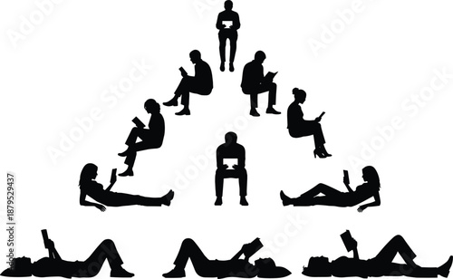 Reading posture silhouette icon set, seated and reclining figure vector, book tablet graphic, black learning design, education concept art