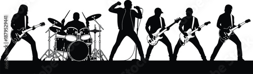 Rock band silhouette illustration, live concert vector, music performance icon, guitar drum bass singer graphic, black stage art design