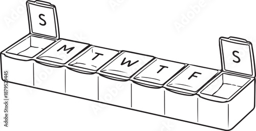 Weekly Pill Container (Meds) Hand-drawn Sketch Drawing Vector Illustration, Line Linear Symbol Engraving Coloring Book, Black and White Isolated