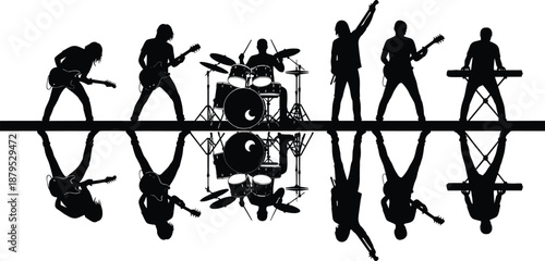 Rock band silhouette with reflection, live music vector, stage performance icon, guitar drum keyboard singer graphic, concert energy design